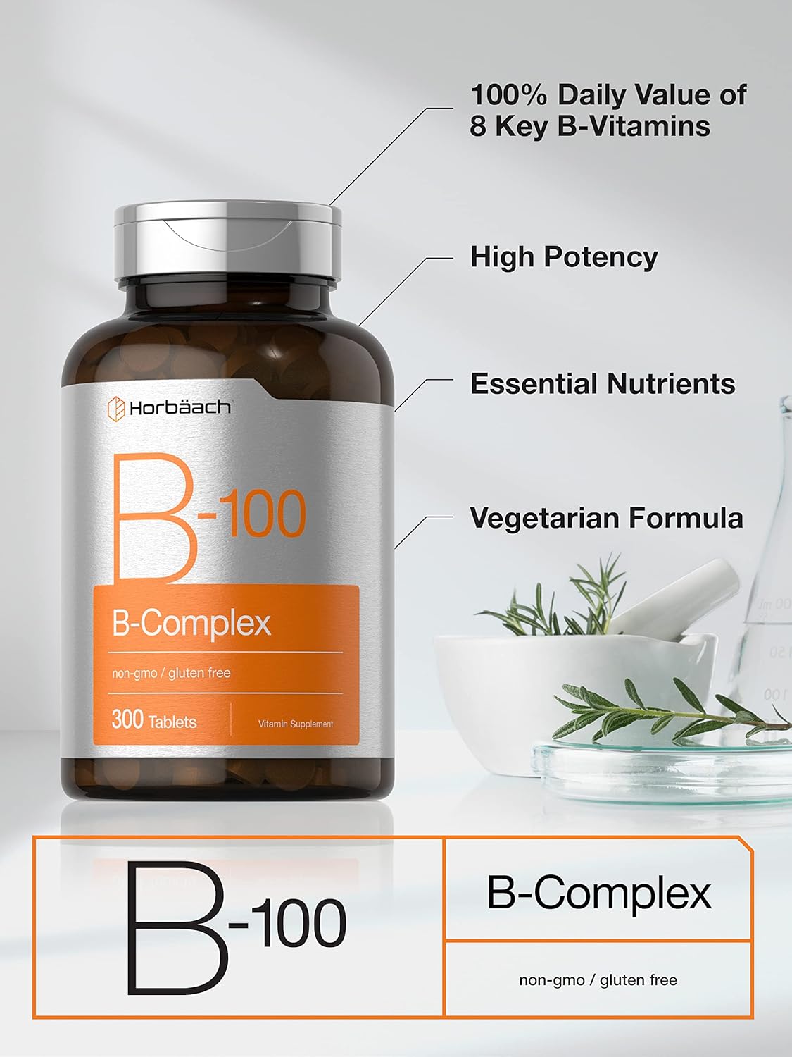 Horbäach Vitamin B-100 Complex | 100% NRV | 300 Tablets | Vegetarian, Non-GMO, Gluten-free - görsel 3