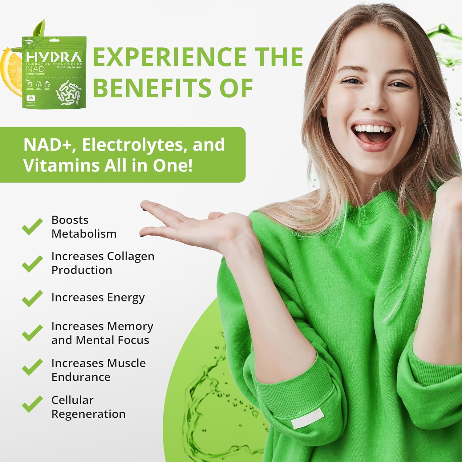 Hydra Powders NAD+ Nutrients Electrolyte Powder Sachets, Lemon & Lime - 16 Sachets - görsel 3