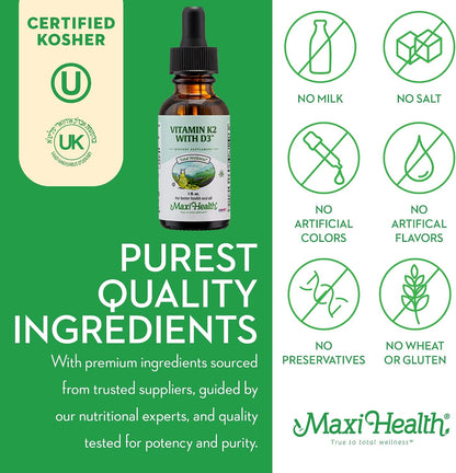 Maxi Health Liquid Vitamin D3 with K2 Drops - Vitamin K2 MK-7 and Vitamin D3 Supplement, 30 ml
