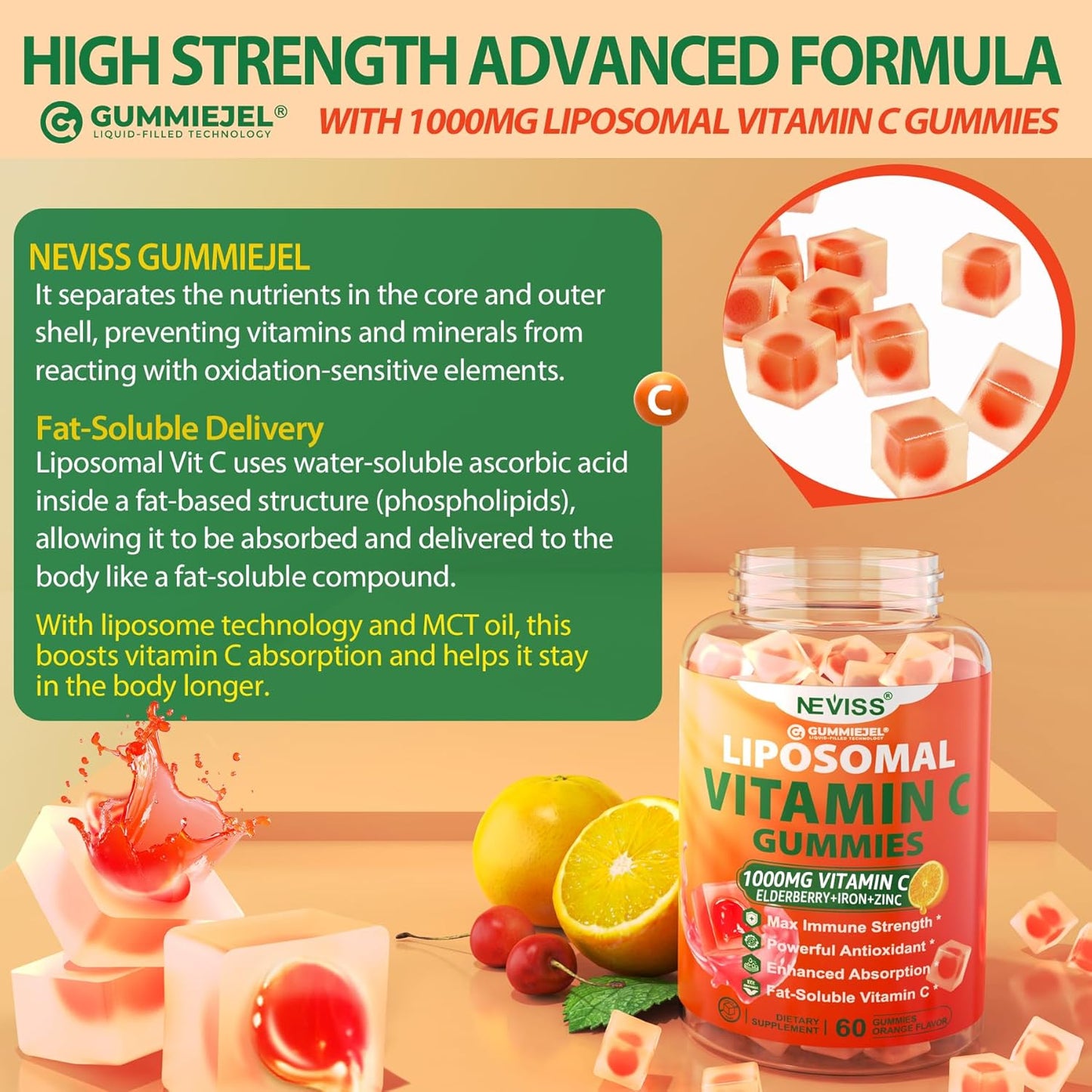 NEVISS Liposomal Vitamin C 1000mg Gummies with Elderberry, Zinc and Iron - görsel 7