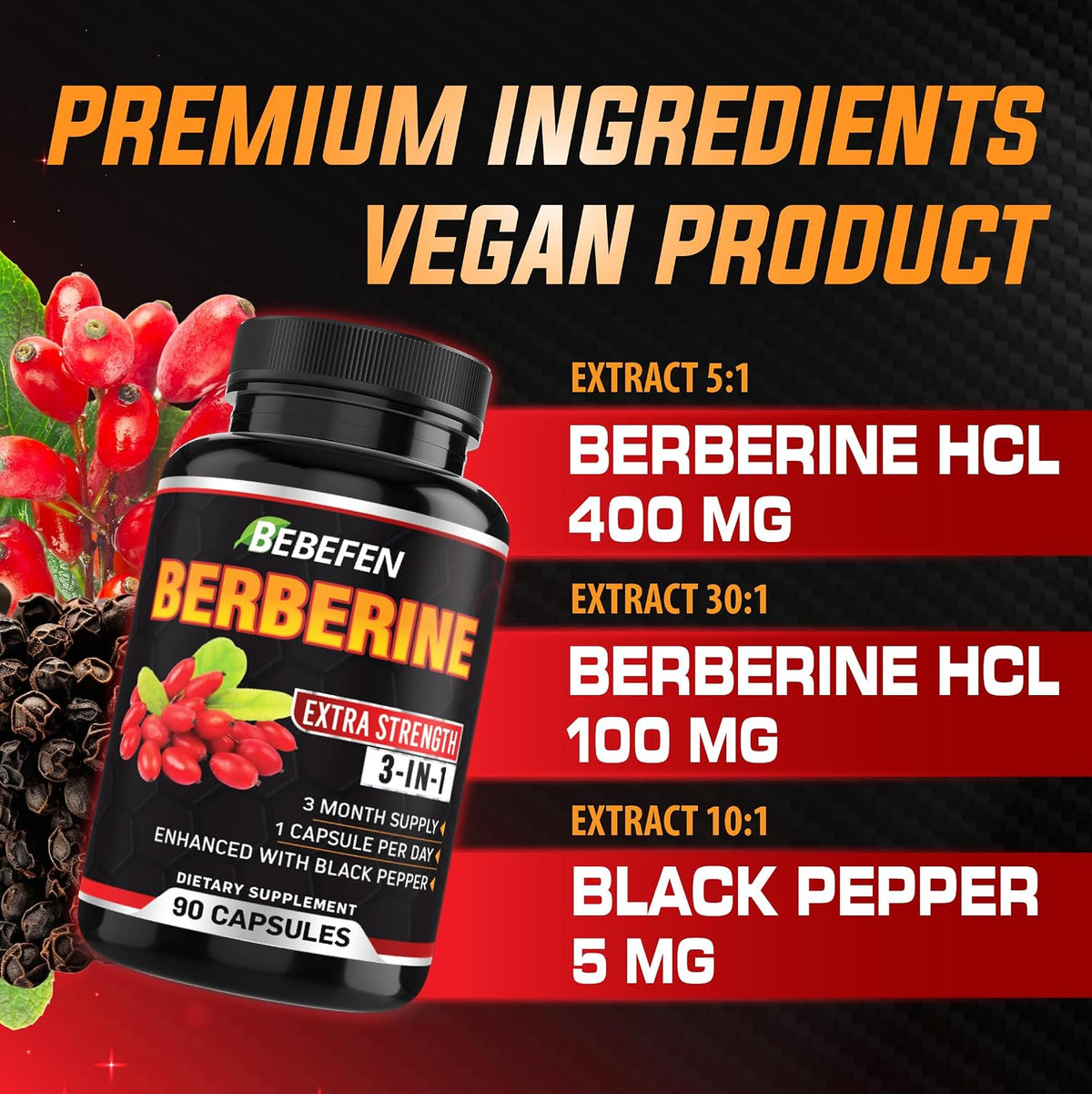 BEBEFEN Berberine Capsules with Black Pepper Extract - görsel 4