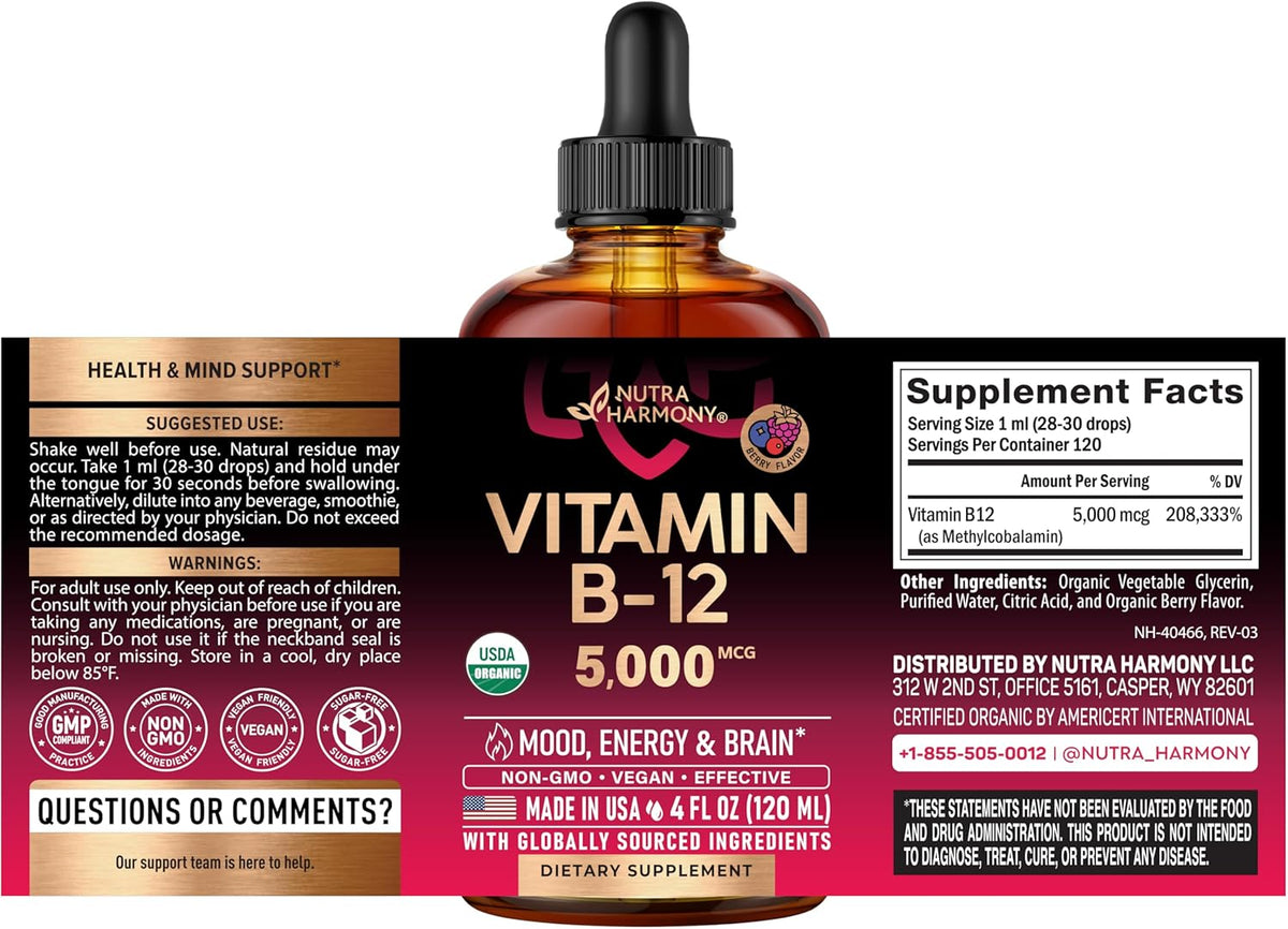 USDA Organic Vitamin B12 Sublingual Drops - 5000mcg Liquid Methylcobalamin for Women & Men - Energy, Focus, Mood & Brain Health - 4 Month Supply - görsel 2