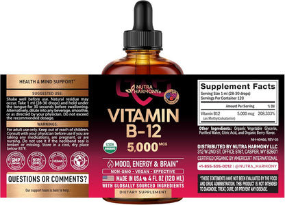 USDA Organic Vitamin B12 Sublingual Drops - 5000mcg Liquid Methylcobalamin for Women & Men - Energy, Focus, Mood & Brain Health - 4 Month Supply