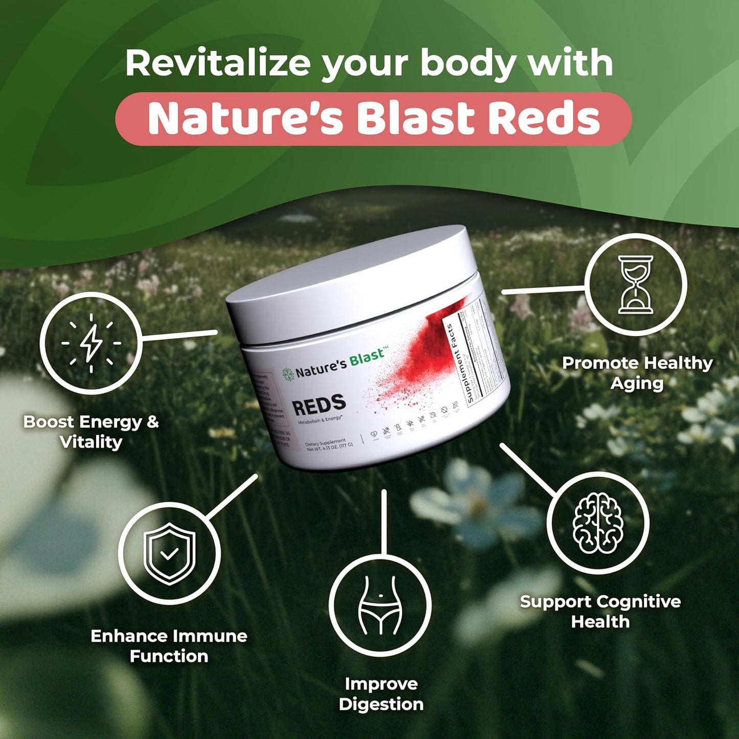 NATURES BLAST Reds - Metabolism and Energy Superfood Powder with 23 Red Fruits, 4 Adaptogens, Probiotics & Enzymes - Vegan Antioxidant Blend, 1 Bottle - görsel 3