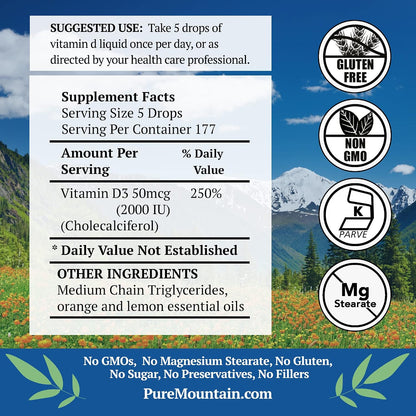 Liquid Vitamin D3 Drops – 2000 IU – Natural Orange Lemon Flavour – Pure Mountain Botanicals