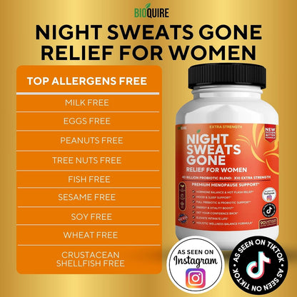 BIOQUIRE Night Sweats Gone - Menopause Relief for Women - 40 Billion Probiotic Blend - 90 Capsules