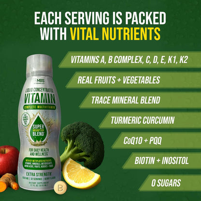 Liquid Multivitamin for Adults – Complete High-Absorption Daily Vitamin with Superfoods, CoQ10, B-Complex, Turmeric & PQQ – Immune & Energy Support – Berry Flavour, 17 oz