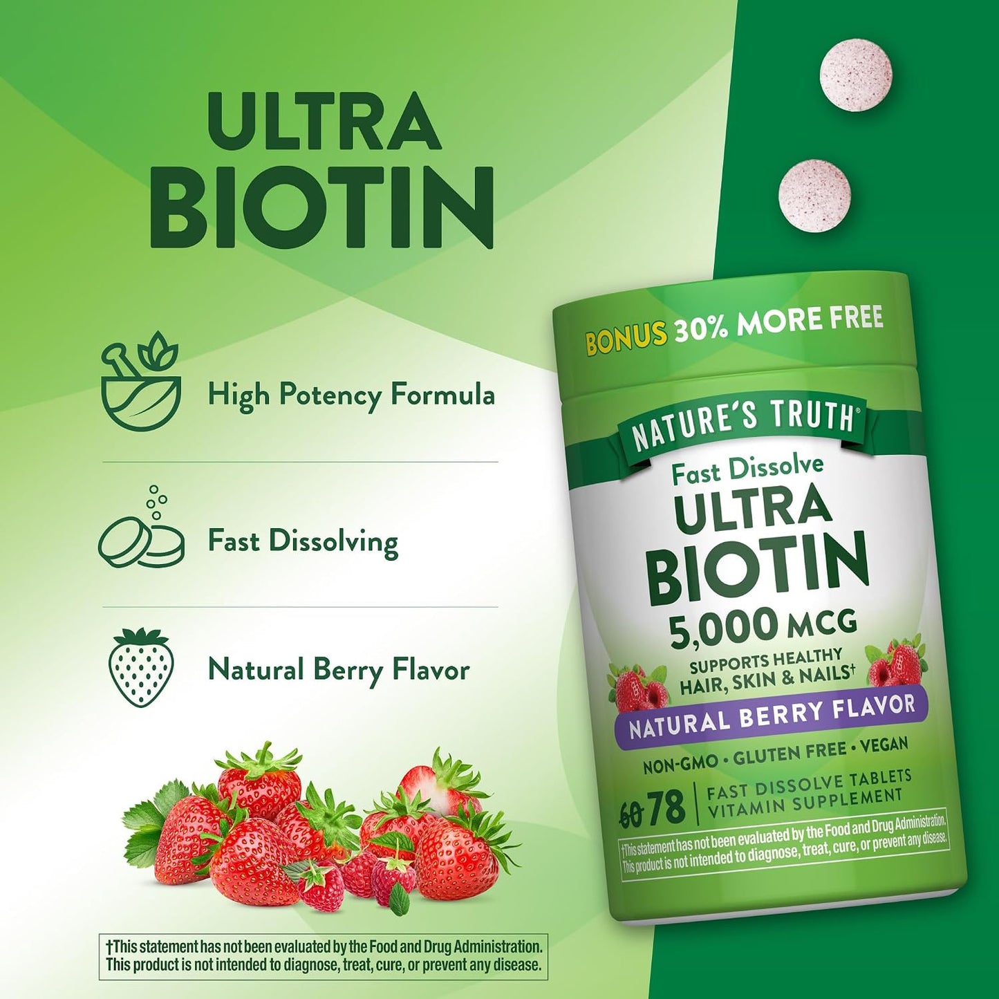 Nature's Truth Biotin 5000mcg Fast Dissolve Tablets - Natural Berry Flavour - 78 Count - görsel 5