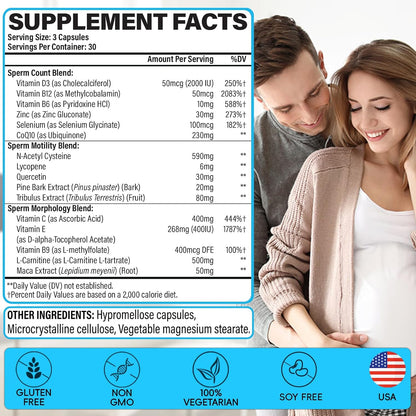 Male Fertility Supplements – Advanced Formula with Maca Root, Tribulus Terrestris, Zinc, CoQ10 (90 Caps)