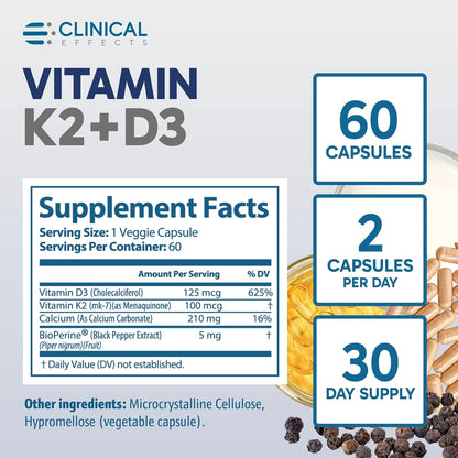 Clinical Effects Vitamin K2 + D3 with BioPerine - 60 Capsules