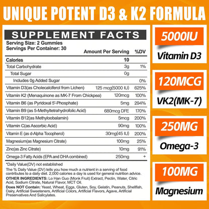 Vitamin D3 K2 Gummies for Adults - 5000 IU D3 + 120 mcg K2 (MK-7) - Sugar-Free with Omega-3 and B Vitamins