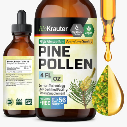 BIO KRAUTER Pine Pollen Tincture for Men's Support – Pure & Vegan, 685 mg per Serving, 118 ml
