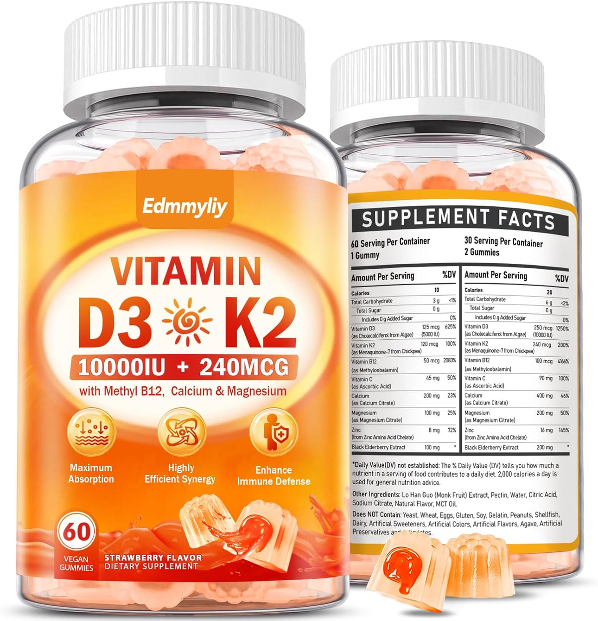 Vitamin D3 10000IU + K2 Gummies with Methyl B12, Calcium, Magnesium, Zinc & Elderberry - Sugar-Free Vegan - görsel 1