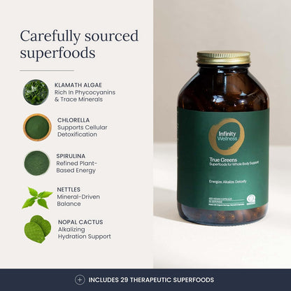 Infinity Greens Superfood Capsules - Blue-Green Algae Based with 28 Organic Superfoods, No Fillers or Grasses, Low-Temperature Dehydrated (34 Servings)