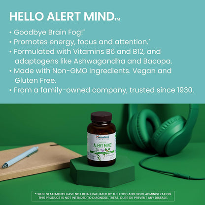 Himalaya Hello Alert Mind - Brain Support with L-Theanine, Ashwagandha, Bacopa, Vitamin B6 & B12, 60 Capsules