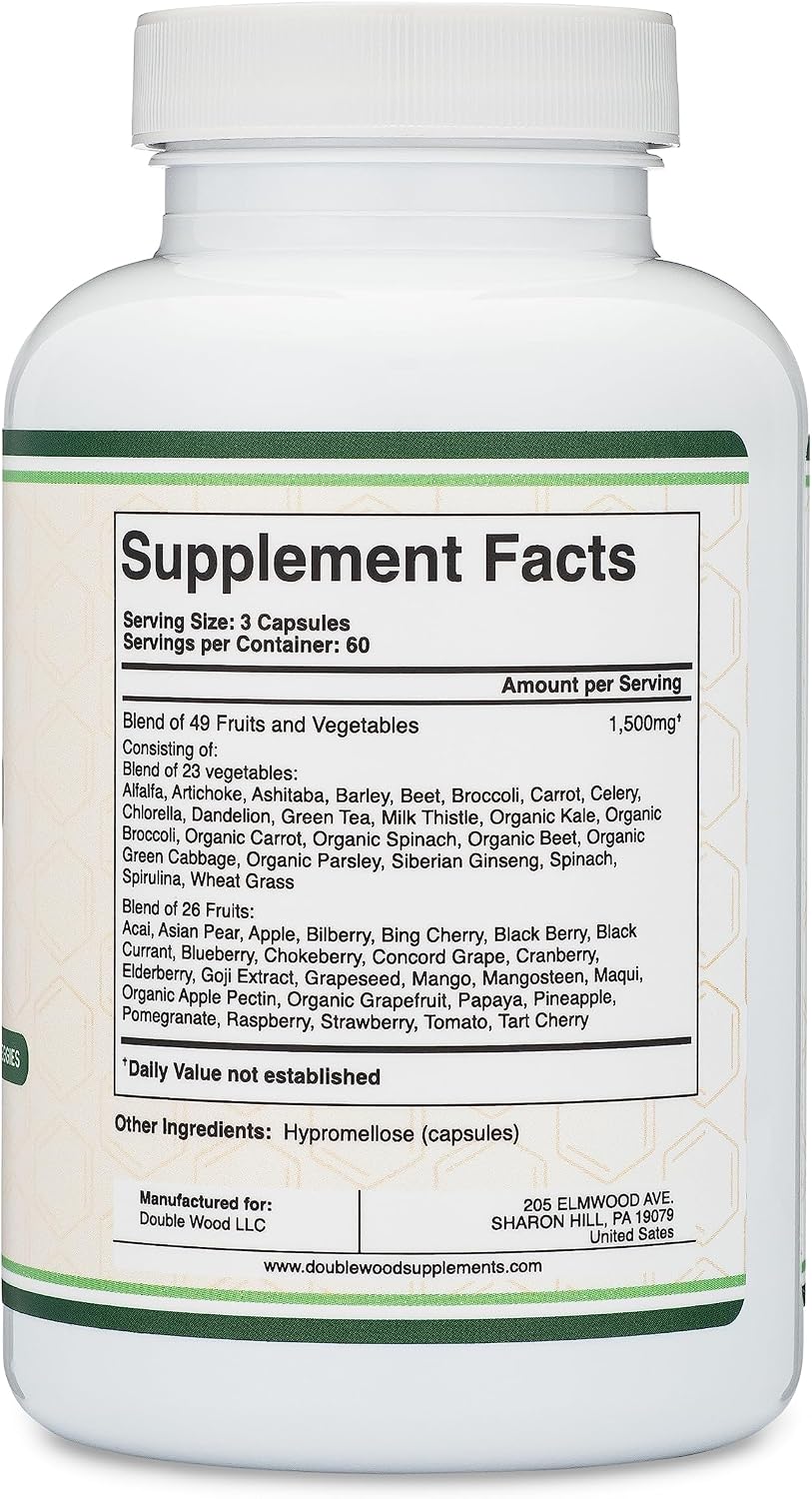 Fruits and Veggies Supplement (Daily Blend of 49 Different Fruits and Vegetables, 23 Veggies and 29 Fruits) 1,500mg Servings, 180 Capsules (No Fillers, Vegan Safe, Non-GMO) by Double Wood - görsel 3