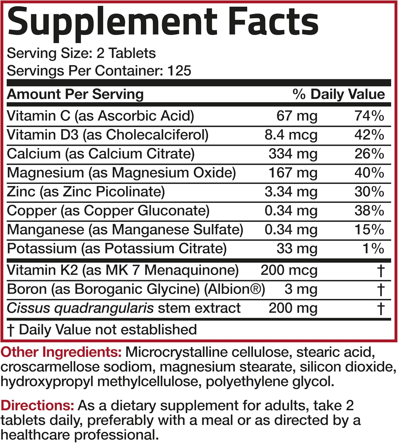 Bronson Bone Health & Strength Complex - High Potency Formula with Vitamin K2 MK-7, Calcium, Magnesium, Vitamin D3, Boron, Cissus Quadrangularis - Non-GMO, 250 Tablets - görsel 7