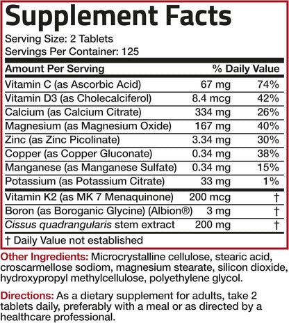 Bronson Bone Health & Strength Complex - High Potency Formula with Vitamin K2 MK-7, Calcium, Magnesium, Vitamin D3, Boron, Cissus Quadrangularis - Non-GMO, 250 Tablets