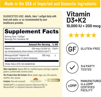NatureWise Vegan Vitamin D3 + K2 with Organic MCT Oil – 10,000 IU D3, 200 mcg K2 – 90 Soft gel capsules