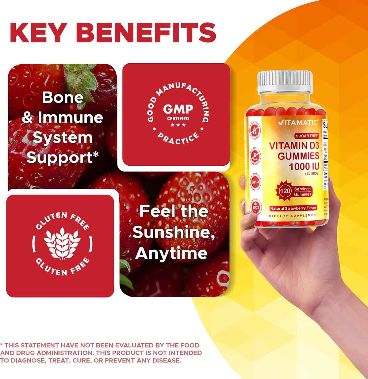 Vitamatic Sugar Free Vitamin D3 Gummies - 1000 IU - Pectin Based - Non-GMO - 120 Gummies - görsel 5