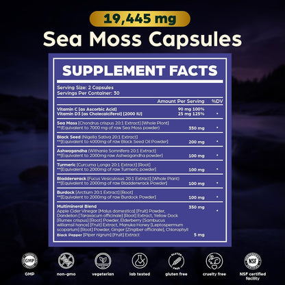 Anuva 16-in-1 Sea Moss Capsules | Black Seed Oil, Ashwagandha, Vitamin C, D3, Turmeric, Burdock, Bladderwrack & Multi-Minerals | 60 Vegetarian Capsules