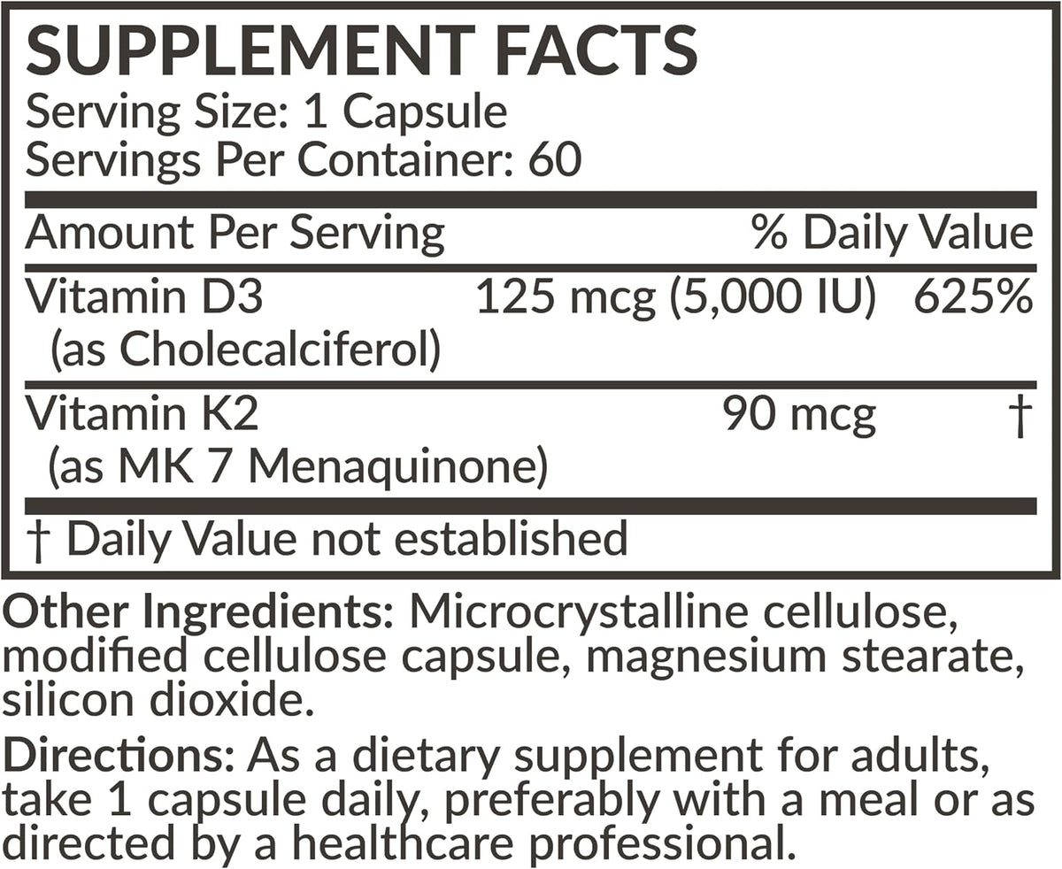 Futurebiotics Vitamin K2 (MK-7) with D3 - 5000 IU Vitamin D3 & 90 mcg Vitamin K2 MK-7 - Non-GMO Formula - 60 Vegetarian Capsules - görsel 8