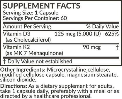 Futurebiotics Vitamin K2 (MK-7) with D3 - 5000 IU Vitamin D3 & 90 mcg Vitamin K2 MK-7 - Non-GMO Formula - 60 Vegetarian Capsules