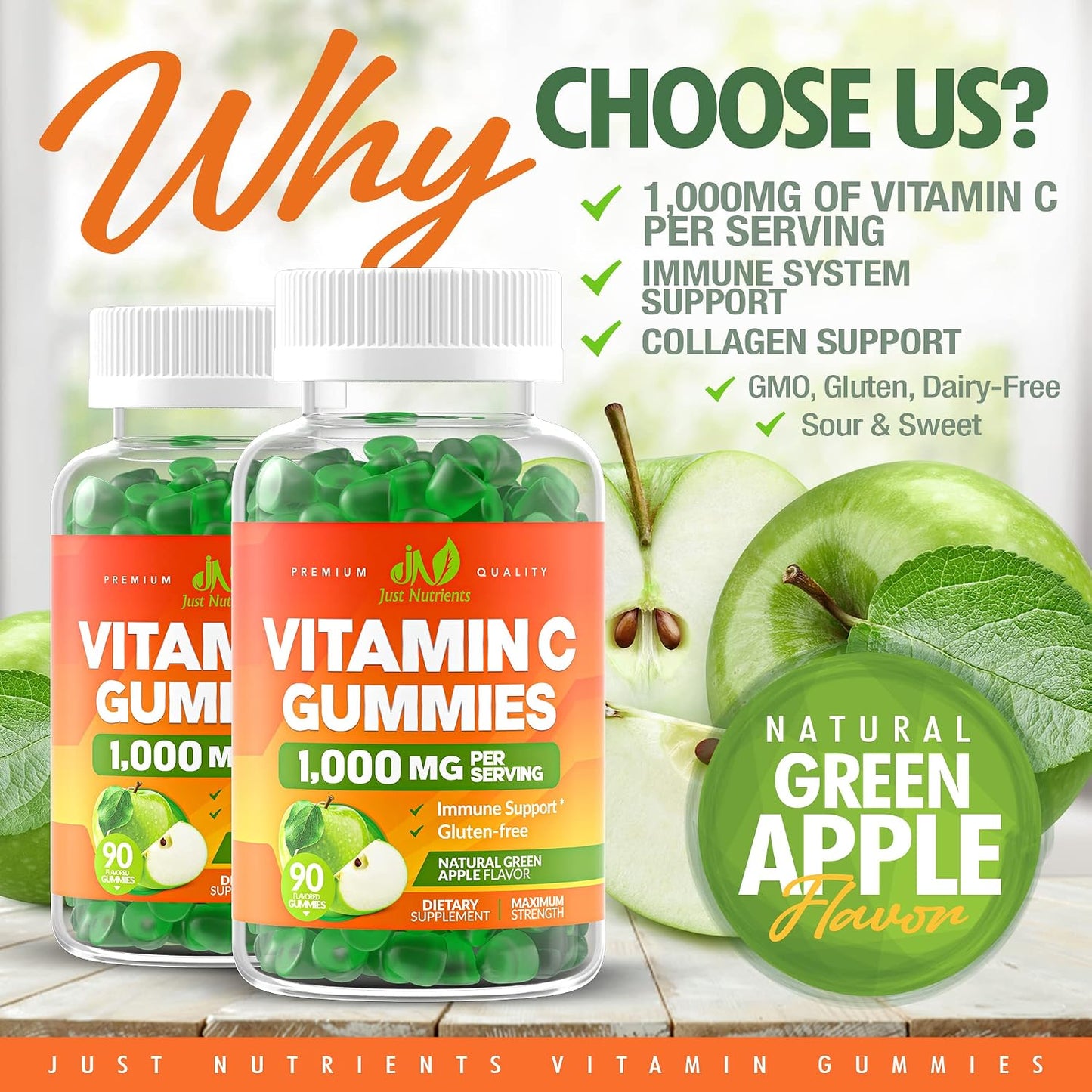 Just Nutrients Vitamin C 1000mg Gummies - Maximum Strength Chewable Immune & Collagen Support, Natural Green Apple Flavour, 90 Count - görsel 2
