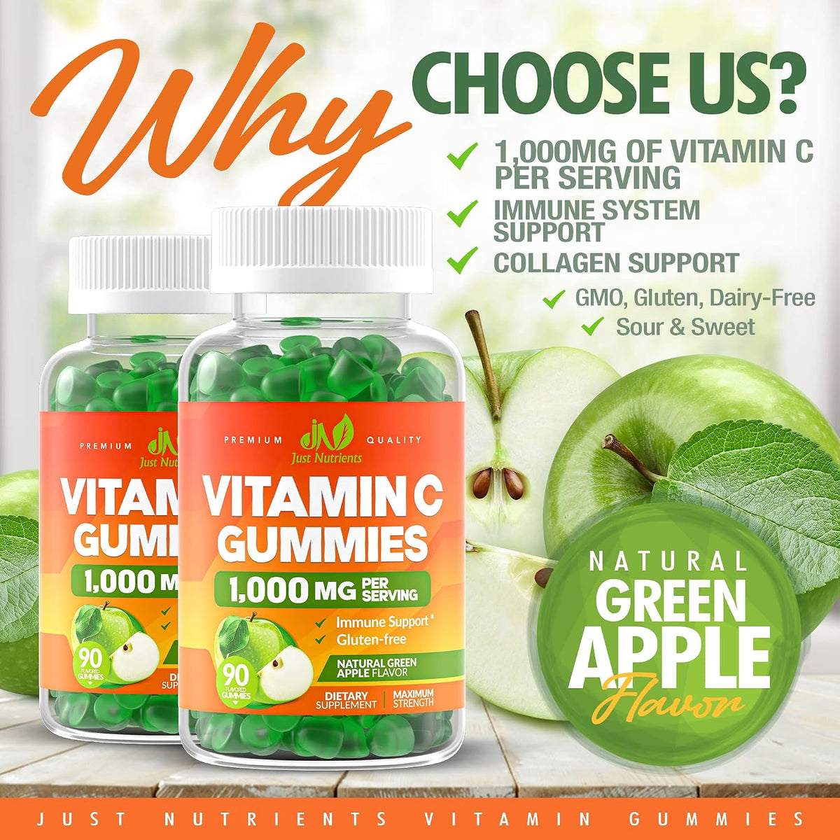 Just Nutrients Vitamin C 1000mg Gummies - Maximum Strength Chewable Immune & Collagen Support, Natural Green Apple Flavour, 90 Count - görsel 2