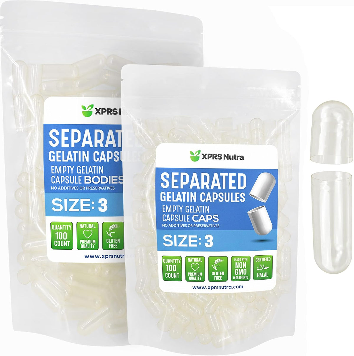 XPRS Nutra Gelatine Size 3 Separated Capsules - 100 Count Clear Empty Capsules for DIY Supplement Filling - görsel 1