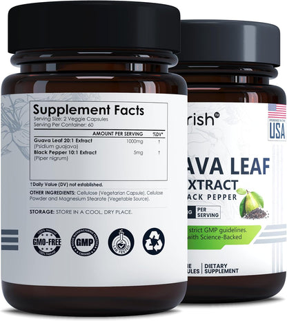 Guava Leaf Capsules 1000mg | 120 Capsules | 20:1 Extract with Black Pepper