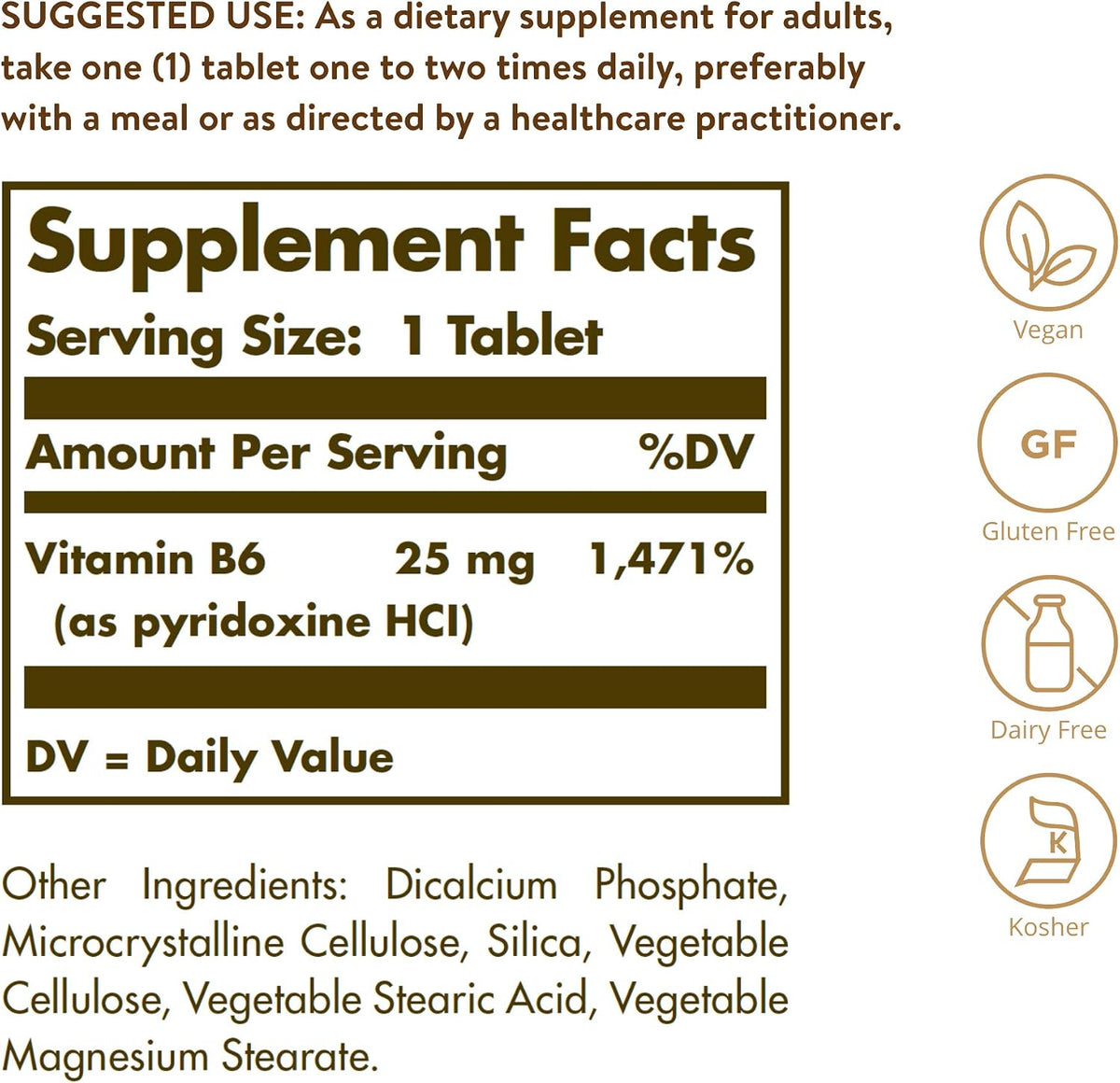 Solgar Vitamin B6 25 mg, 100 Tablets - görsel 2