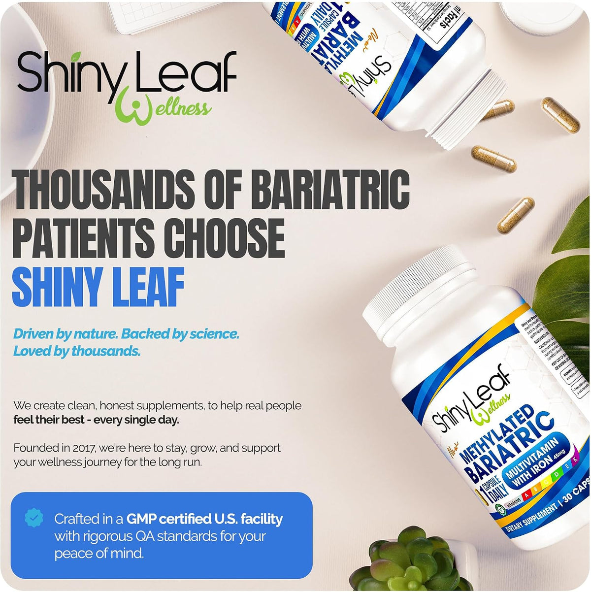 Shiny Leaf Methylated Bariatric Multivitamin with Iron 45mg – Once Daily Capsules, ASMBS Compliant Bariatric Vitamins for Gastric Bypass & Gastric Sleeve, for Men & Women, USA-made, GMP – 30 Capsules - görsel 8