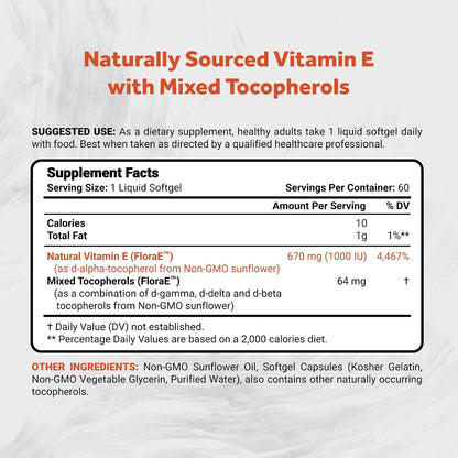 Naturalis Sunflower Vitamin E 670mg (1000 IU) with Mixed Tocopherols | Essential Skin Vitamin & Immune Support | Non-GMO, Soya & Gluten-free | 60 Softgels