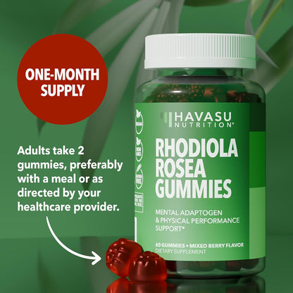 Rhodiola Rosea Gummies - Sugar Free Rhodiola Supplement - Adaptogen for Mental Clarity and Physical Performance - 60 Count - Vegan, Non-GMO and Gluten-free - Mixed Berry Flavour