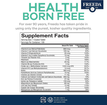 FREEDA Prenatal Vitamin - Kosher Prenatal with Iron, Methylfolate (Bioavailable Folic Acid), Choline & Vitamin D - One Daily Multivitamin for Pregnant & Breastfeeding Women (100 Count)