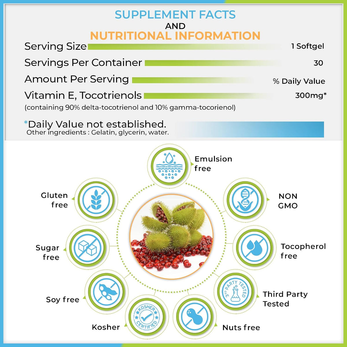 WELLNESS EXTRACT Eannatto Tocotrienols Vitamin E Supplement – Tocopherol Free, Non-GMO, Gluten-free, Antioxidant (300mg, 30 Softgels) - görsel 2