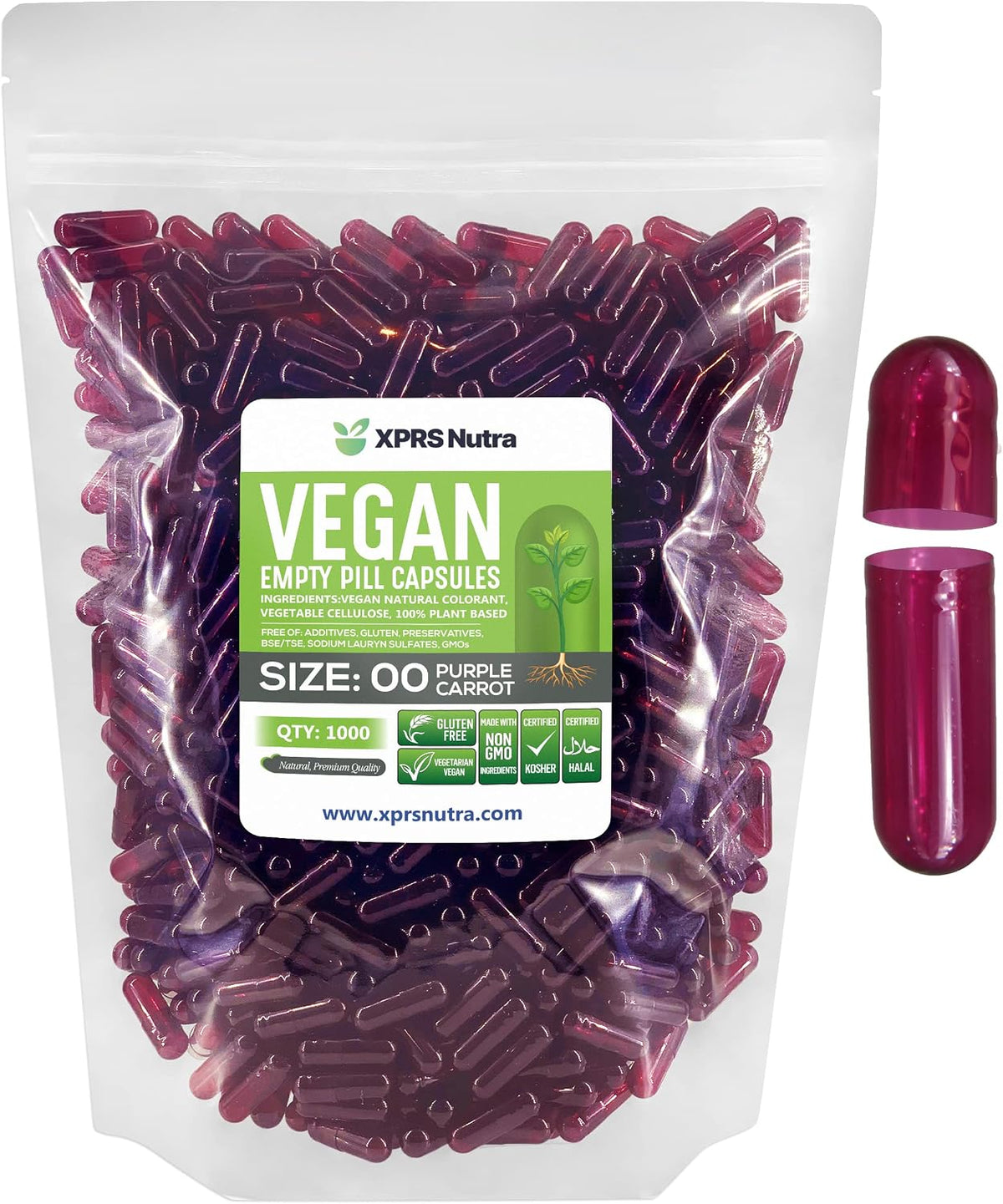 XPRS Nutra Size 00 Empty Vegan Capsules - 1000 Count (Purple Carrot) - görsel 1
