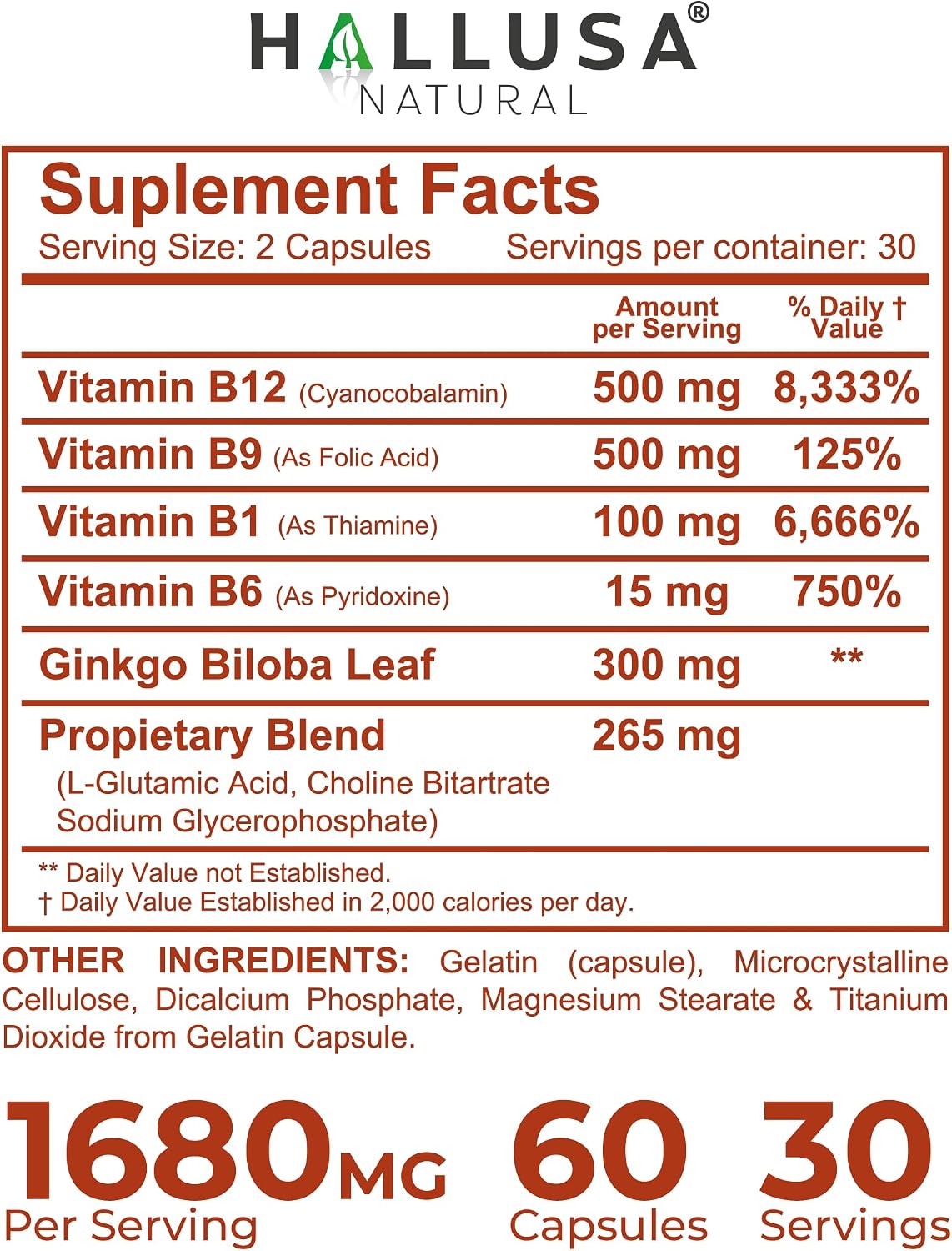 Hallusa Natural Brain Health Supplement - Cognitive Support for Memory and Focus with Ginkgo Biloba, Choline, L-Glutamic Acid and Vitamin B Complex - 60 Capsules - görsel 9