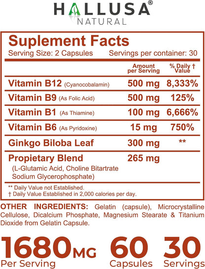 Hallusa Natural Brain Health Supplement - Cognitive Support for Memory and Focus with Ginkgo Biloba, Choline, L-Glutamic Acid and Vitamin B Complex - 60 Capsules