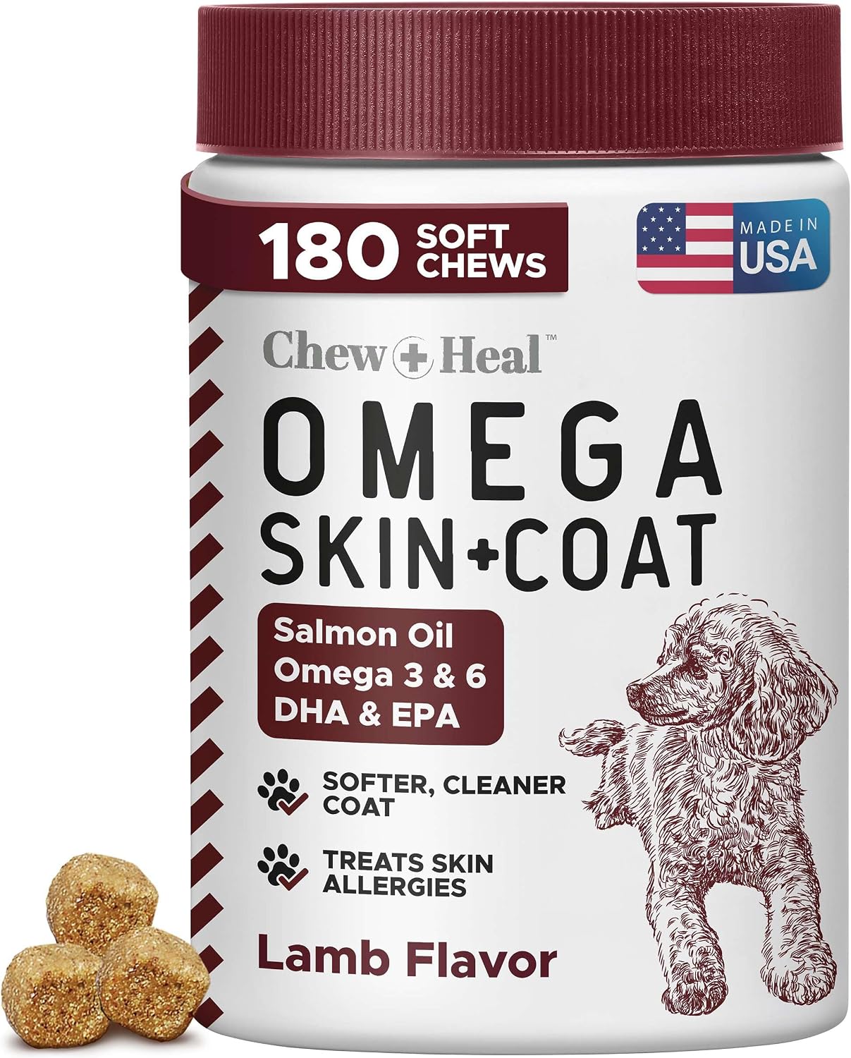 Omega-3 Fish Oil for Dogs, 180 Soft Chews - Salmon Oil Skin & Coat Supplement, Dog Allergy & Itch Relief, Hot Spots, Anti-Shedding - EPA & DHA Fatty Acids - Peanut Butter Flavour - Made in the USA - Chew + Heal - görsel 7