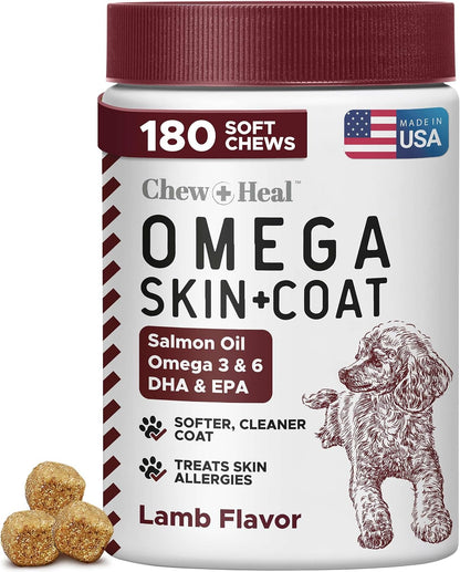 Omega-3 Fish Oil for Dogs - 180 Soft Chews for Itch Relief, Shedding & Hot Spots - Skin and Coat Supplement - Salmon Oil, EPA & DHA - Allergy Chews - Made in USA - Chew + Heal