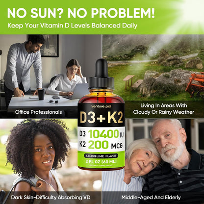 5-in-1 Vitamin D3 K2 Drops with Magnesium and Zinc – 10000 IU D3 & 200mcg K2 MK-7, Liquid Supplement, 60 ml (2 fl oz) – 60-Day Supply