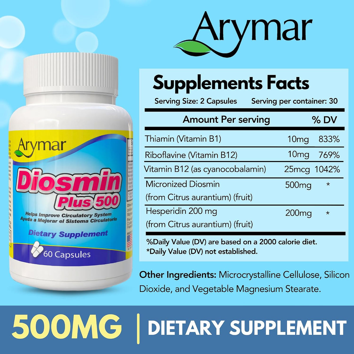 Arymar Diosmin 500mg with Vitamin B-Complex - Circulatory Formula for Leg Vein Integrity & Vascular Health, 60 Capsules - görsel 5