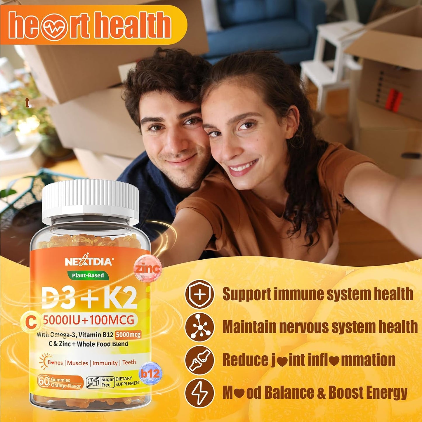 Nextdia Vitamin D3 K2 Gummies - 5000 IU D3, 100 mcg K2 MK-7, Omega-3, Vitamin C, Zinc - Plant-Based, Sugar-Free - Bone and Immune Support - görsel 6