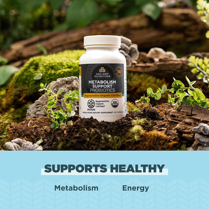 Ancient Nutrition Regenerative Organic Certified Probiotics for Metabolism support, 50 Billion CFUs, 60 Capsules