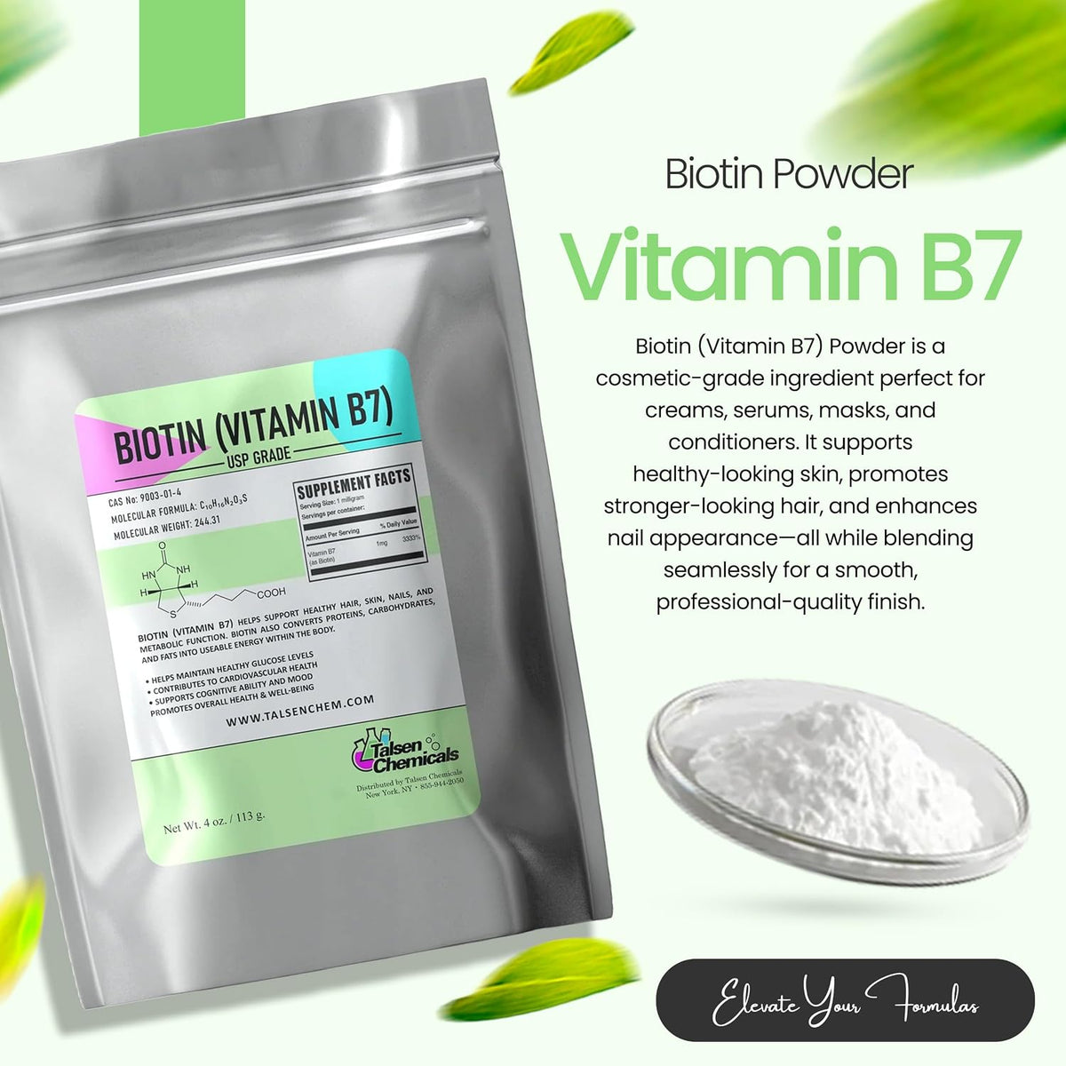 Talsen Chemicals Biotin (Vitamin B7) Powder - Non-GMO, Gluten-Free - 113g - görsel 2