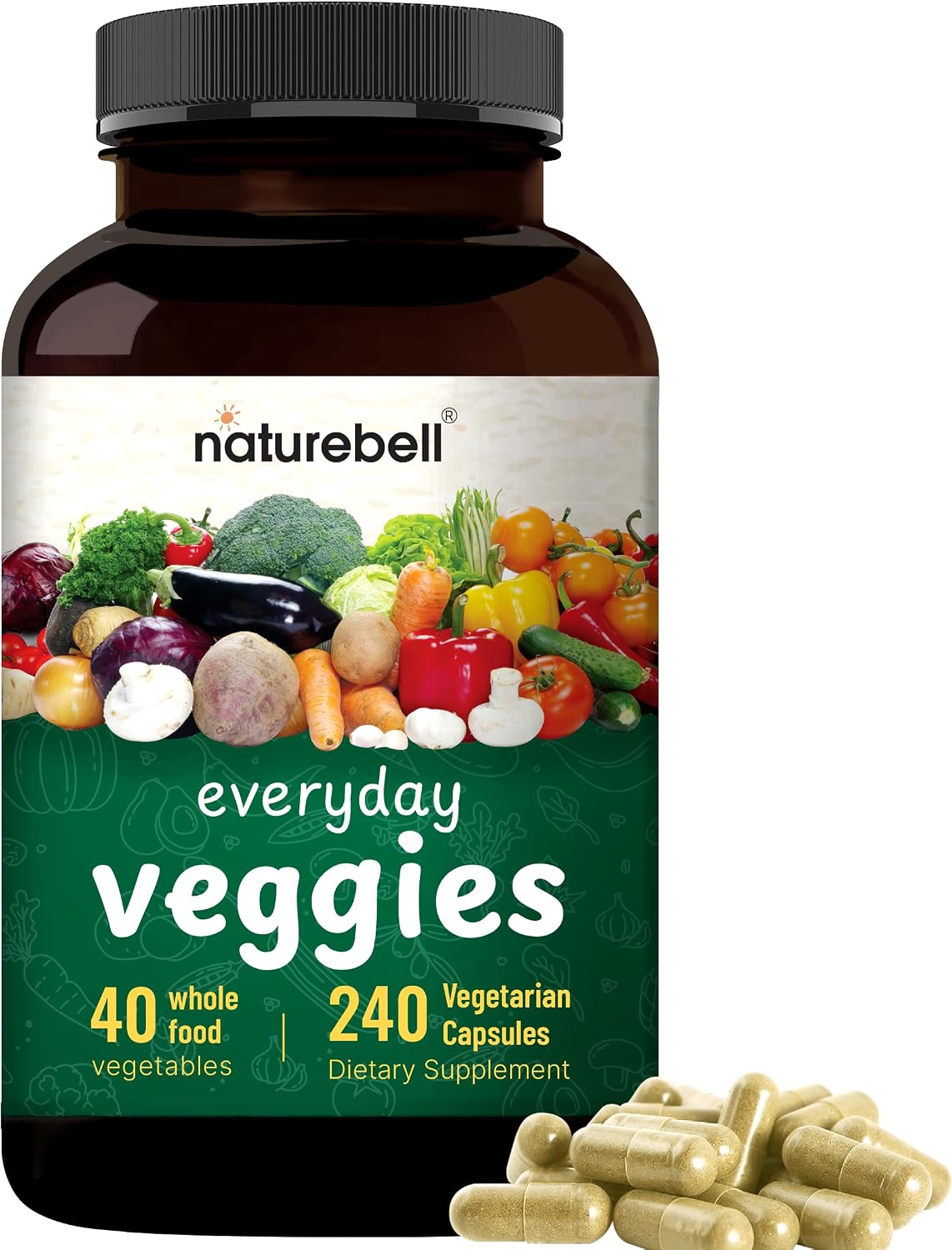 NatureBell Fruit and Veggies Food Supplement, 480 Vegetarian Capsules - 40 Whole Fruits & Vegetables Blend - görsel 3