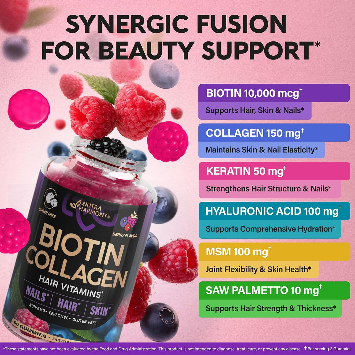 NUTRAHARMONY Biotin Gummies with Collagen - Hair, Skin and Nail Support - 10000mcg - Sugar-Free - Mixed Berry (2-Pack) - görsel 4