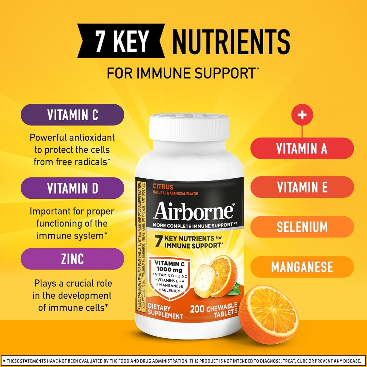 Airborne Citrus Chewable Tablets – Immune Support with 1000 mg Vitamin C – 200 Count - görsel 3
